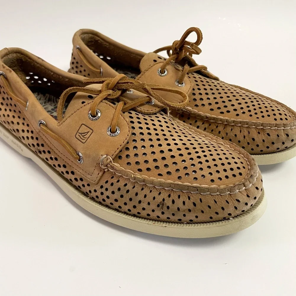 Sperry Top-Sider Tan Perforated Leather Boat Shoes Loafers Preppy Coastal 11.5